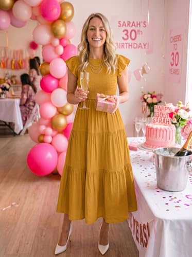 Image of ZESICA Women's 2026 Summer Casual Flutter Short Sleeve Smocked Midi Dress