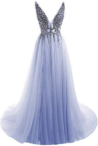 Monkidoll Prom Dresses Sexy Deep V Neck Sequins Beads Tulle and Lace High Split Long Evening Dresses Bridal Wedding Dress,Lavender,Custom Made