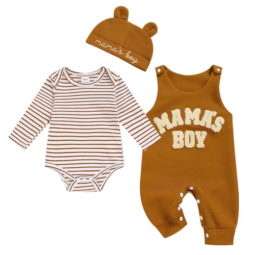 Image of Viworld Newborn Baby Boy Clothes Mama's Boy Overalls Striped Long Sleeve Romper Hat 3Pcs Fall Winter Outfits