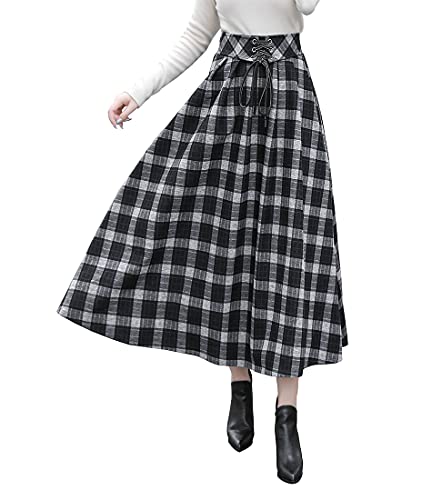 RIZ-ZOAWD Cuadros Rayas Caliente Larga Falda Otoño Mujeres Maxi Moda Invierno Elegante Falda Lana Alta Cintura A-Line Cintura elástica Falda Plisada Negro-S Cover