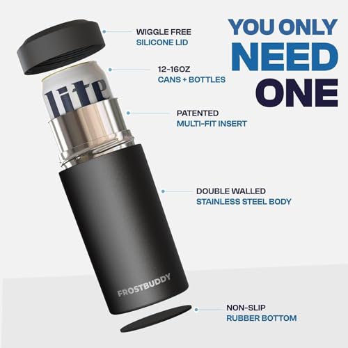 Image of Frost Buddy Universal Can Cooler - Fits All - For Regular 12 & 16 oz or Slim-Size Bottles - Insulated Double-Walled Stainless Steel (Gunmetal Glory)