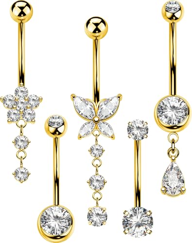MS CUTE 5PCS Gold Belly Button Rings for Women 14G Dangle Navel Piercing Jewelry Set Gold Plated Surgical Stainless Steel Body Jewelry with Clear CZ Butterfly Flower Teardrop Barbell 16mm Bar Length