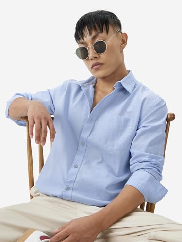 Image of The Souled Store Solids : Ecru Beige Men and Boys Collared Neck Long Sleeve Button Front Regular Fit Cotton Linen Shirt