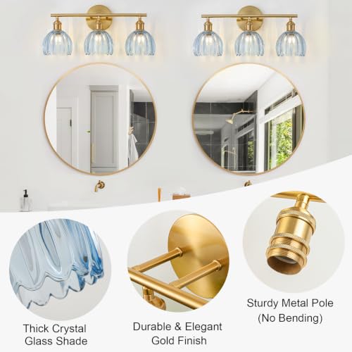 Image of Gold Bathroom Light Fixtures Over Mirror, 3 Light Bathroom Vanity Light with Tulip Blue Glass Lampshade, Vintage Vanity Lights for Bathroom, Bathroom Vanity Lights Over Mirror