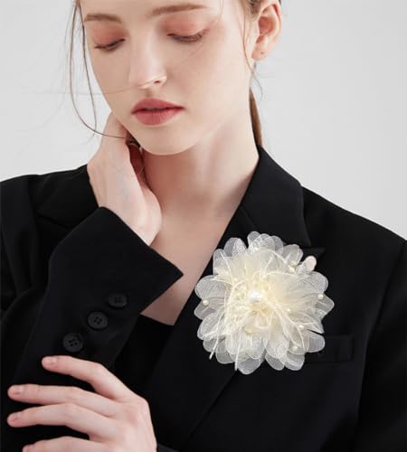 Image of Large Silk Camellia Flower Lapel Brooch Pin for Women Girls Handmade Fabric Rose Flower Floral Feather Faux Pearl Brooches Pins Dainty for Wedding Party Dance Suit Dress Accessories Jewelry Gifts