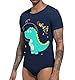 Landofgenie Herren Bodysuit Kurzarm aus Baumwolle Einteiler Strampler Onesie mit Druckknöpfen im Schritt Atmungsaktiv & Bequem für Alltag & Pyjama, Dino Neil Marineblau XL