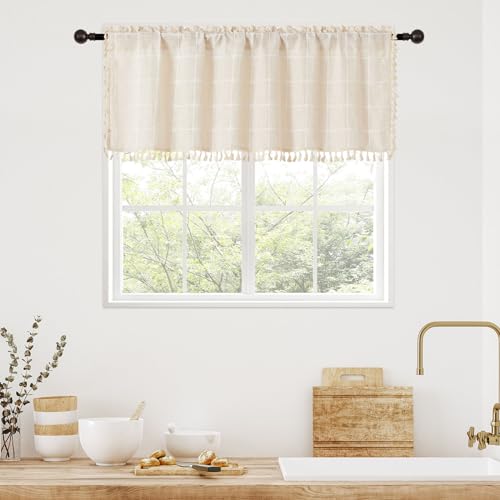 MitoVilla Cream Boho Kitchen Valances for Windows, Beige Modern Farmhouse Valance Curtains for Living Room/Bedroom, French Country Cotton Linen Tassel Topper Window Curtain, 52’’W x 18’’L