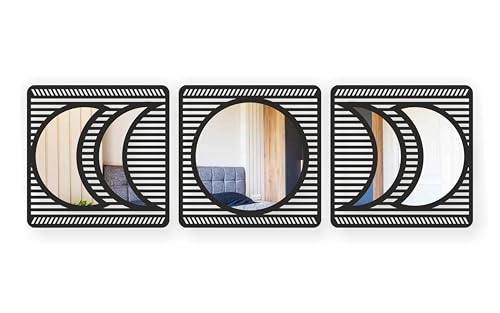 Image of Abstract Geometric Acrylic Mirror Wall Decor Set of 3 | Modern Decorative Wall Art for Living Room, Bedroom & Office | Silver Acrylic with Black Laminated Pine Wood MDF
