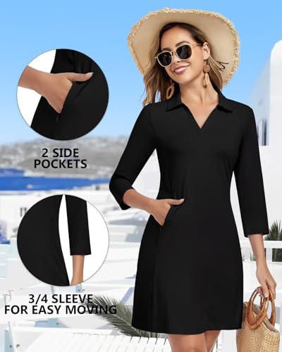 Soneven Women's 3/4 Sleeve Dress with Pockets UPF 50+ Sun Dress Breathable Quick Dry Beach Cover Ups2