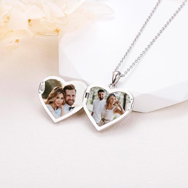Image of TRUESILVER ACPL 925 Sterling Silver Personalized Photo Necklace for Women | Custom Couple Heart Pendant with Name Date & Birthstone | Engraved Picture Necklace Gift for Wife Mother Anniversary Birthday