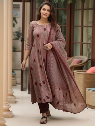 Image of GoSriKi Women's Rayon Viscose Printed Anarkali Kurta with Pant and Dupatta Set | Flared Ethnic Kurta Set for Women | Comfortable Traditional for Festive, Casual and Daily Use