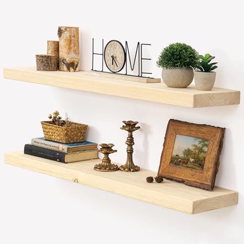 Image of Marsmiles 36 Inch Floating Shelves | Unfinished Natural Wood Floating Shelves Set of 2 | 36 inch W x 7.7 inch D x 1.6 inch H Natural Wooden Wall Shelves for Living Room Bathroom Kitchen