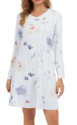 2 Pack Long Sleeve Nightgowns for Women Soft Cotton Night Gowns Sleepwear V Neck Nightshirts4