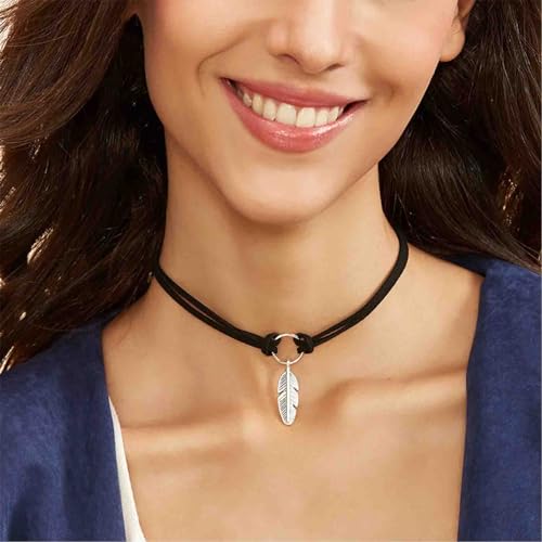 Dervivea Boho Feder Choker Halskette Schwarz Geschichtet Leder Halskette Silber Blatt Anhänger Halskette Choker Retro Kreis Link Halskette Kette Schmuck Für Frauen Und Mädchen