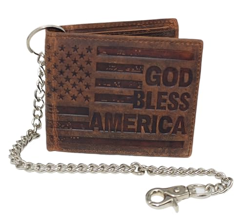 Distressed Vintage Leather Patriot American Flag Wallet -GOD BLESS AMERICA’ RFID Blocking Leather US Flag Men's Bifold Western Style Wallet (Brown with Chain)