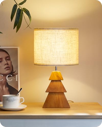 GOEBLESON Lámpara de Mesita de Noche de Madera Maciza con Base en...