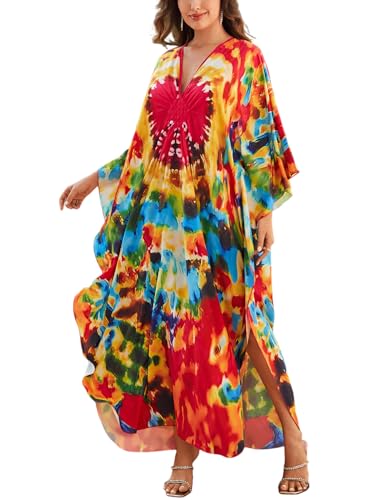 Image of KECVOT Kaftan Dresses for Women Plus Size Batwing Sleeve Caftans Long Bathing Suit Cover Up Maxi Beach Dress Loungewear