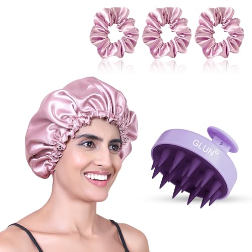Image of GLUN Anti-Dandruff Round Scalp Massager with Elastic Closing Rose Pink Hair Bonnet Cap with 3 Satin Scrunchies Combo, Bonnet Cap Prevents from Breakage, Ideal for Curly & Natural Hair