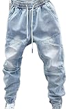 Gsywaipei Men's Stretchy Drawstring Jeans Elastic Waist Slim Fit Denim Pants Tapered Washed Regular Jean Pant (Light Blue 1,Medium)