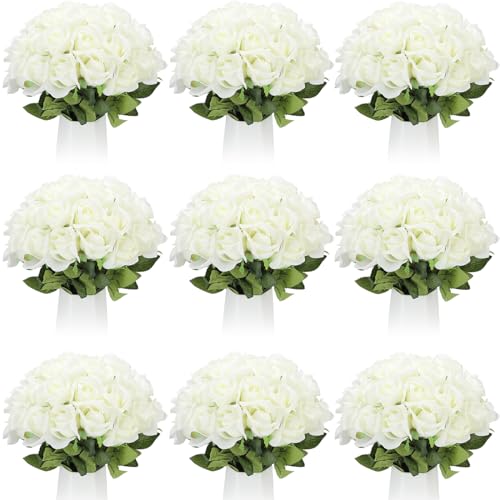 Jexine 100 Pieces Artificial Roses Flowers Bulk, Long Stem Realistic Fake Silk Roses Bouquet for Table Centerpiece Vases Wedding Party Kitchen Decor(Creamy White)