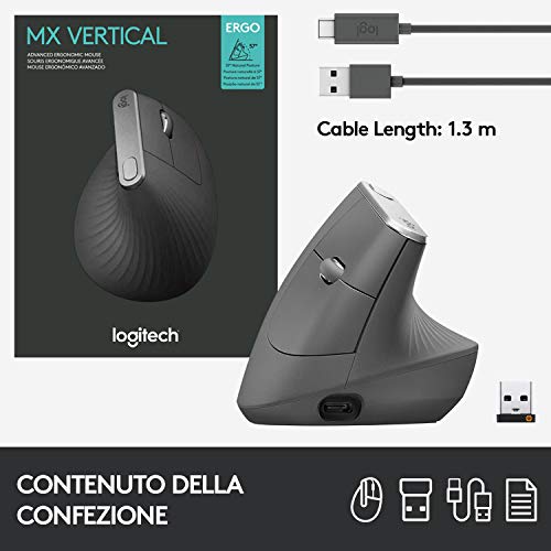 MX Verticale Mouse Wireless Ergonomico, Multi-Dispositivo, Bluetooth o 2.4GHz Ricevitore USB Unifying, Rilevamento Ottico Avanzato 4K DPI, 4 Pulsanti, Ricarica Rapida, PC/Mac/iPadOS - Grigio - Mouse gaming - Immagine 10