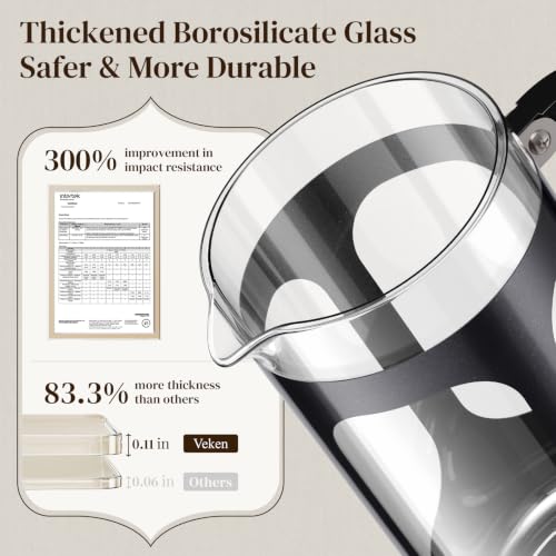 Image of Veken French Press Coffee Maker,No Plastic Touches Cafe,21oz 0.6L Small Pot | Heat Resistant Thickened Borosilicate Glass Stainless Steel Brewer, Single Serve,Kitchen,Travel,Camping,Tea,Gifts,Dark Pewter