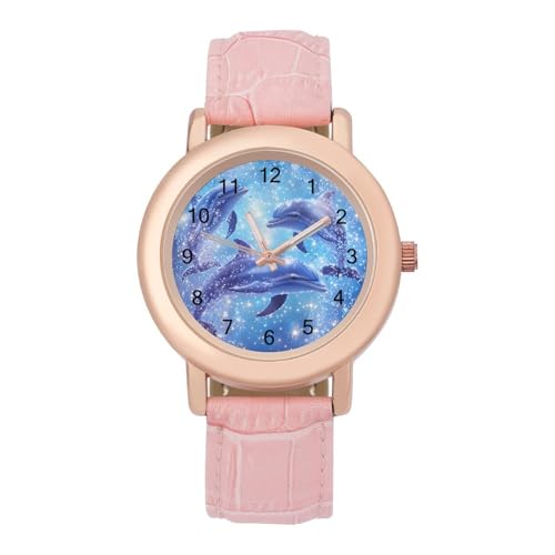 Dolphins Swimming Shine Women's Watch Pink Rose Gold Strap Wristwatch Minimalist Easy Reader Watchec