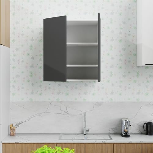 Image of 2 Door Multipurpose Wall Mounted Cabinet with Adjustable & Fixed Shelf | Storage for Modular Kitchen, Bathroom, Office & Living Room | Assembly-DIY | Color-White & Grey | Size-60x33x63.8 Cm