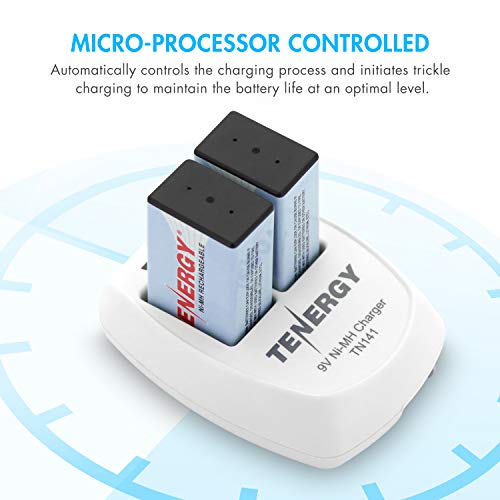 Tenergy 9V Battery Rechargeable 250Mah 4 Pack Nimh Square Battery With 2 Bay 9V Battery Charger For Smoke Alarm/Detector #TOP6