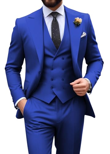 Mens Suit Slim Fit 3 Piece Casual Suit Men Formal Outfit Business Tuxedo Suit Wedding Groom Blazer Vest Pants Set Royal Blue Large
