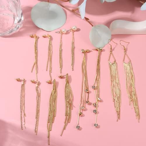Diamday Long Tassel Dangle Drop Earrings for Women Girls, 6Pairs Silver/Gold Sleek Metal Chain Crystal Pearl Rhinestone Earrings Wedding Prom Jewelry Gift