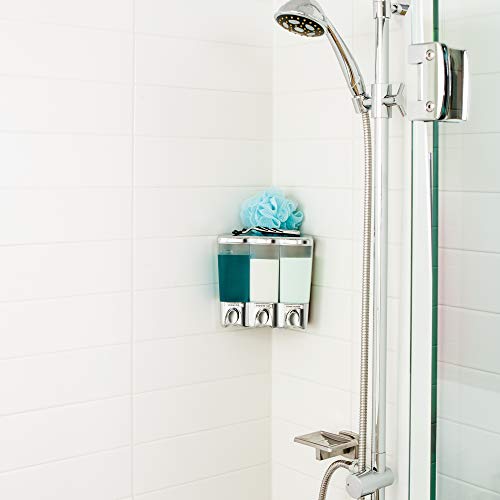 Better Living Clear Choice Shower Dispenser 3 Chamber, Wall Mount Shower Soap Pump Dispenser for Bathroom Hotel Body Wash, No Drill Adhesive, Waterproof Dispenser, 3 x 14.2 oz, Chrome - Thumbnail 2