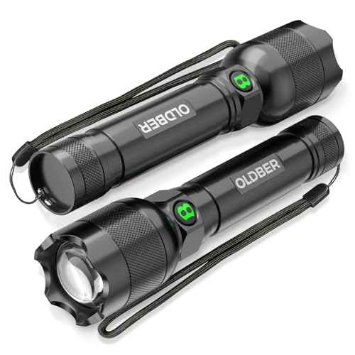 OLDBER 2 Pack Torch LED Super Bright, Rechargeable Flashlight, Small Handheld Camping Torch-5 Modes, Zoomable, Powerful, Waterproof for Camping, Home Emergency