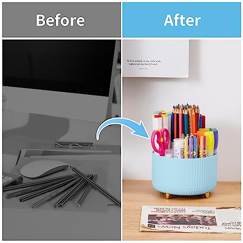 Image of Marbrasse Desk Organizer, 360-Degree Rotating Pen Holder, Desk Organizers and Accessories with 5 Compartments Pencil Holder, Art Supply Storage Box Caddy for Office, Home(Light Blue)