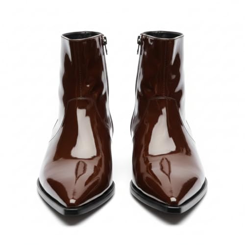 Image of Costoso Italiano Men's Dark Brown Patent Leather Zip Boots | Luxury Pointed Toe Ankle Boots for Men | Handmade High-Shine Formal Wear Boots