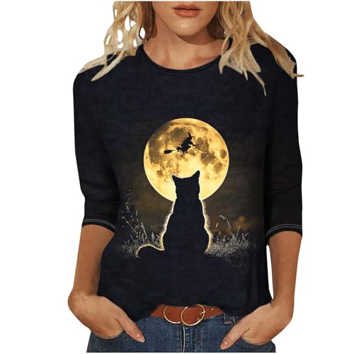 Sales Clearance Today Deals Prime Halloween Shirts for Women 3/4 Sleeve Length Womens Elbow Tops Fall Fashion 2025 Witch Pumpkin Ghost Spooky Season Shirt