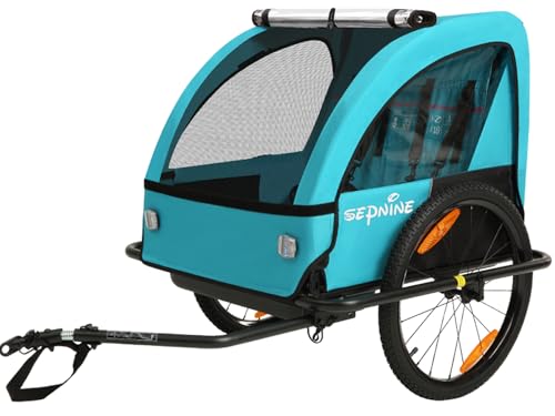 Sepnine Kids Bike Trailer, Suitable for 1 to 2 Children, Double Seat, Universal Coupler, Foldable, Canopy with Bug Screen and Weather Shield, with 5-Point Harness and Storage Bags