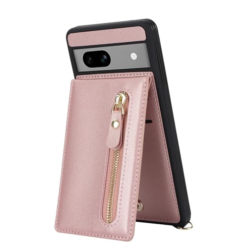 Zouzt for Google Pixel 7A Case with Cord and Card Holde, Zipper Wallet Case with Crossbody Lanyard Ring Adjustable Necklace Cover Women for Google Pixel 7A 6.1 Inch - Rose Gold - Image 5