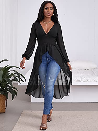 Shein Women's Plunging Neck Lantern Sleeve High Low Peplum Long Mesh Blouse Shirt Black Medium #TOP2