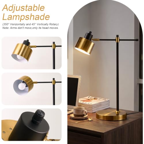 Image of OYEARS 22.2 inch Modern Desk Lamp, Metal Table Lamp with LED Bulb, Adjustable Reading Lamps for Living Room, Mid Century Task Lamp for Home Office, Industrial Bedside Lamps with Solid Base,Black and Gold