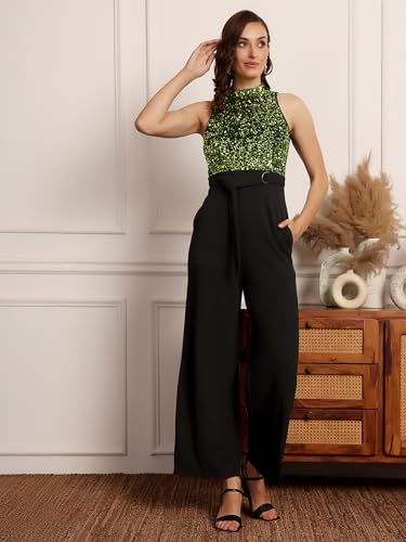Image of Miss Chase Womens Halter Neck Sleeveless Embellished Regular-Length Jumpsuit