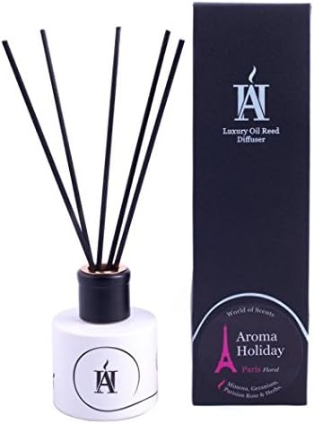 AromaHoliday Oil Reed Diffuser - Unique PARIS Floral Home Fragrance in White. With Love/First Class AHL Airport style gift Tag and Branded Plane/Heart Box.