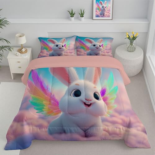 ANALTIRCE Edredon Cama 90 Invierno Rosa, Edredón Nórdico Arcoíris Plumas Animales Relleno Micro Fibra Poliéster, Dibujo Animado Conejo Edredon Acolchado 140x200cm + 1 Fundas Almohada 50x75 cm
