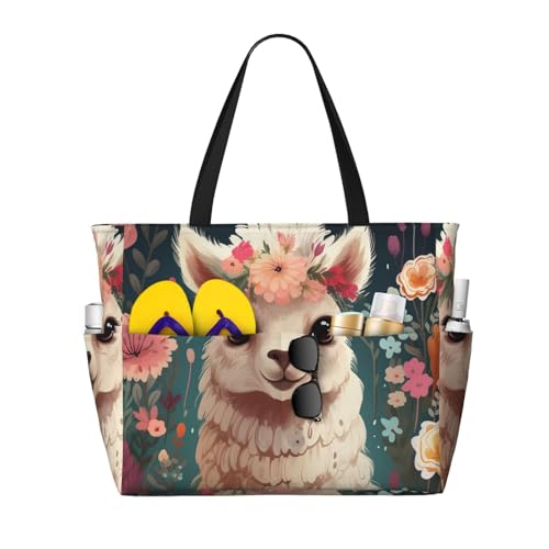 Flower Alpaca Beach Bags For Women Large Waterproof Sandproof Beach Tote Bag Lightweight Carry On Bag For Gym Travel Vocation