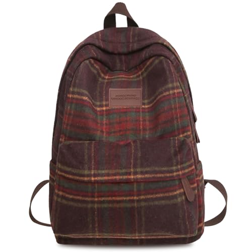 Teclado Backpack Plush Plaid Pattern 17.7 Inch Bookbags Lightweight Laptop Bag Travel Daypacks (Red)