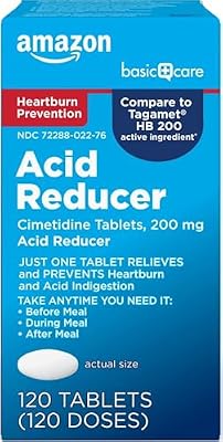 Amazon Basic Care Cimetidine Coated Tablets 200 mg, Acid Reducer, Heartburn Medicine, Acid Indigestion Relief, 120 Count