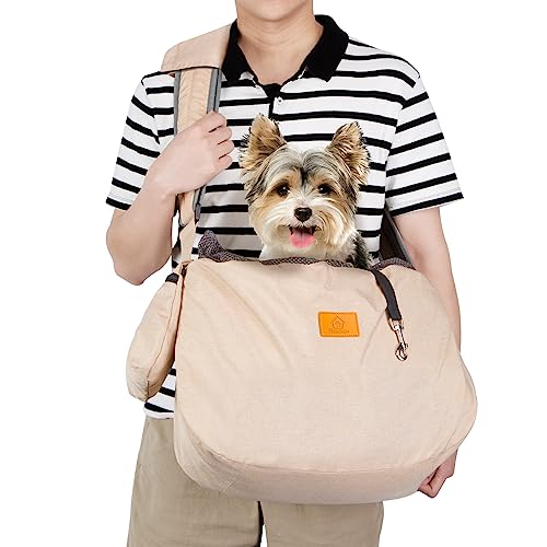 Ownpets Pet Sling Carrier, Fits 15 to 20lbs Extra-Large Dog/Cat Sling Carrier Reversible and Hands-Free Dog Bag with Adjustable Strap and Pocket Shoulder Pad, Beige
