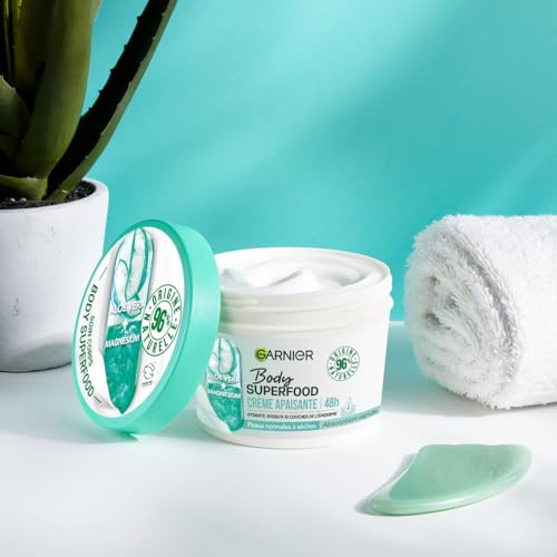 Garnier - Body Superfood - Crème Soin Corps Apaisante - Hydratation 48H - Formule Vegan & à 96% d'Origine Naturelle - À l'Aloe Vera & Magnésium - Pour Peaux Normales à Sèches - 380 ml