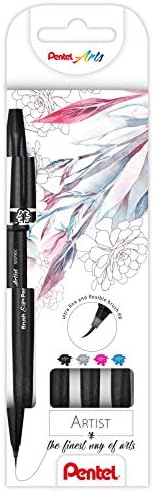 Pentel SESF30C-4 Brush Sign Pen Artist - Brush Pen with Extra Fine Brush Tip, Set of 4, Assorted, Black, Grey, Pink, Light Blue