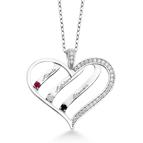 Gem Stone King Keren Hanan Personalized And Engravable 3 Stone Round Birthstones And White Created Moissanite 925 Sterling Silver Mothers Name Custom Heart Pendant Necklace With 18 Inch Chain #TOP9